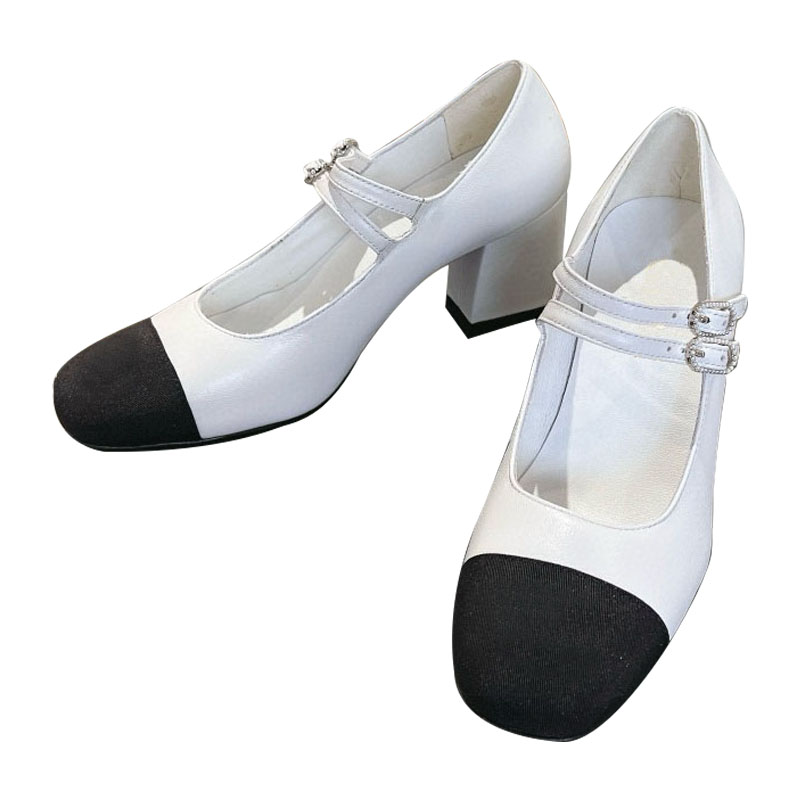 经典小香风拼色双带水钻扣玛丽珍高跟鞋2024新款真皮粗跟单鞋高端 - 图3