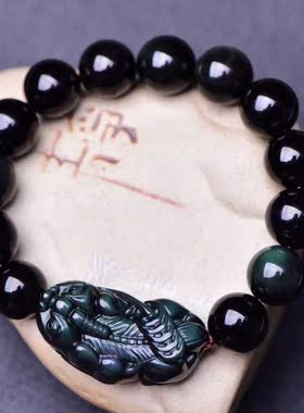 2026彩虹眼黑曜石貔貅手链男光面圆珠单圈大气转运手串男女款