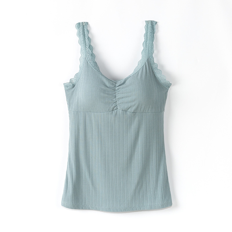 蕾丝吊带背心女一体式带胸垫罗纹棉打底衫大码睡眠内衣可外穿3003 - 图1