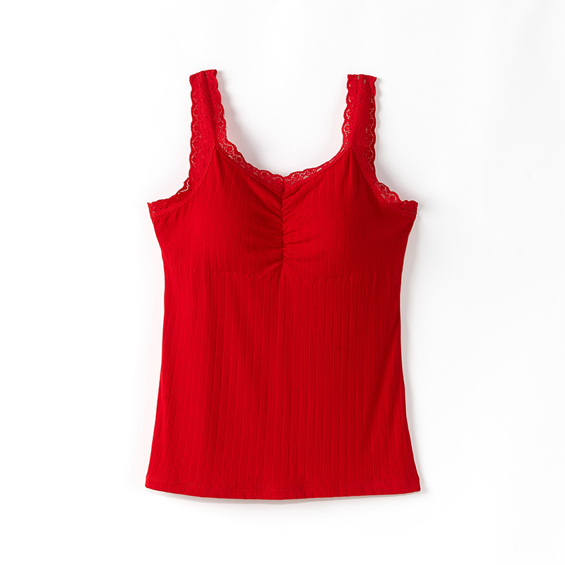 蕾丝吊带背心女一体式带胸垫罗纹棉打底衫大码睡眠内衣可外穿3003 - 图2