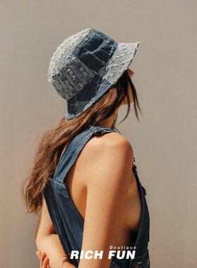 袋鼠牛仔拼接破洞街头渔夫帽子