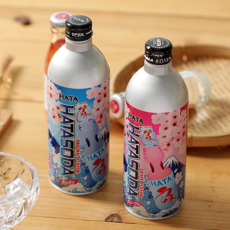 日本进口哈达HATA波子汽水原味葡萄白桃味碳酸饮料夏日铝罐装500g - 图1