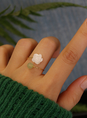 女贝壳复古玉石戒指新中式温柔风