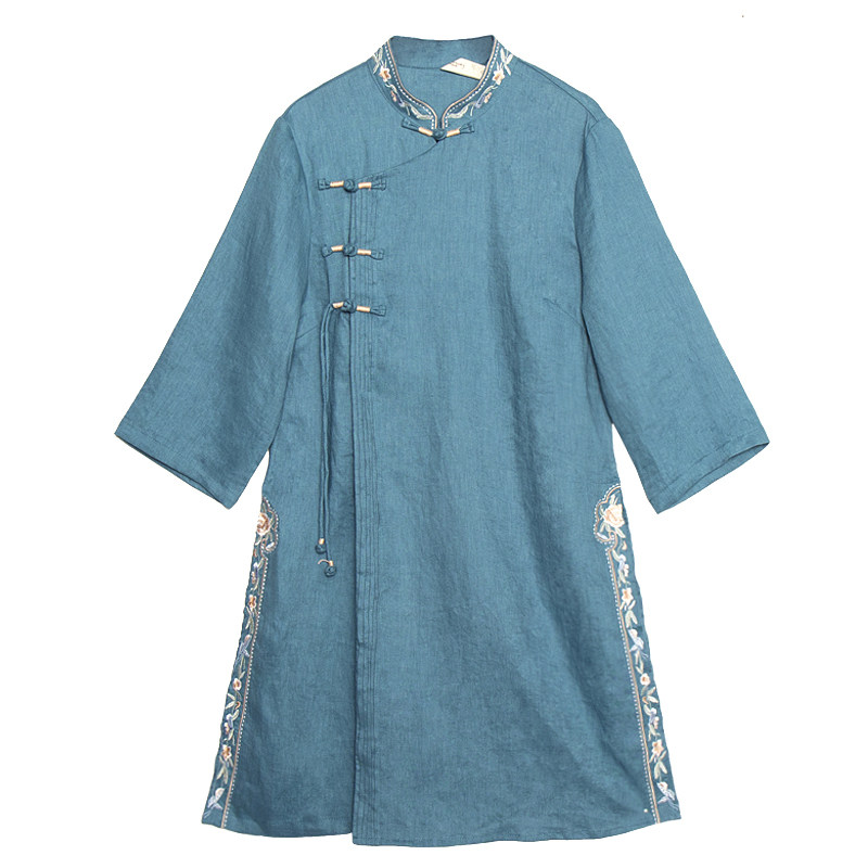 远镇夏亚麻衬衫五分袖复古盘扣刺绣中国风上衣中长款中式茶服女装