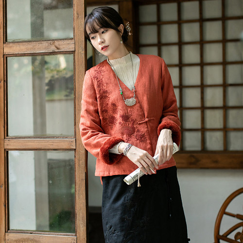 秋冬加绒短外套加厚汉服复古盘扣中国风上衣中式女装红色棉衣棉服 - 图0