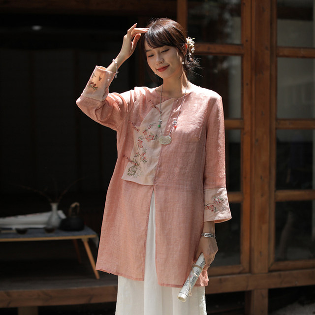 Yuanzhen autumn cardigan ramie Chinese style women's tea clothes