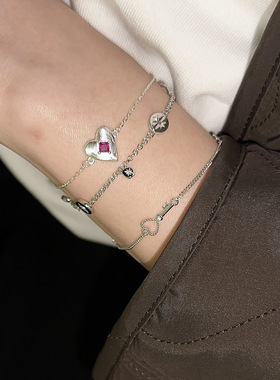 【新品】925纯银钥匙百搭手链精致锆钻芒星流苏通体银手链叠戴