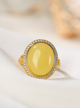 轻奢镀金天然蜜蜡琥珀汉服戒指