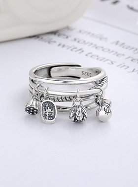 S925纯银小吊坠流苏荷花创意个性汉服配饰复古风文艺风开口戒指女