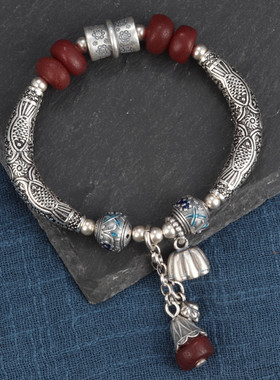 s925纯银弯管鱼蜜蜡手链女复古