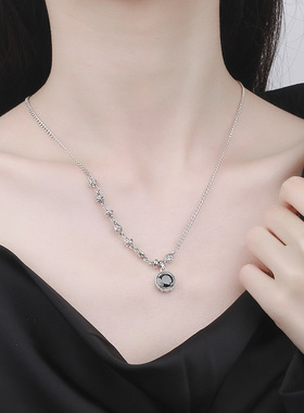 S925纯银复古做旧立体十字花纹镂空黑锆石吊坠嘻哈项链女小众原创