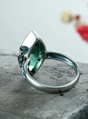 纯银饰品复古风汉服指环镶嵌宝石