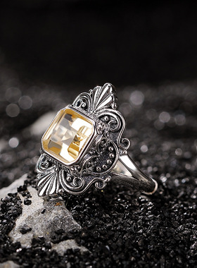 S925纯银紫水晶泰银做旧菱形女戒指黄水晶奢华精致复古指环原创潮