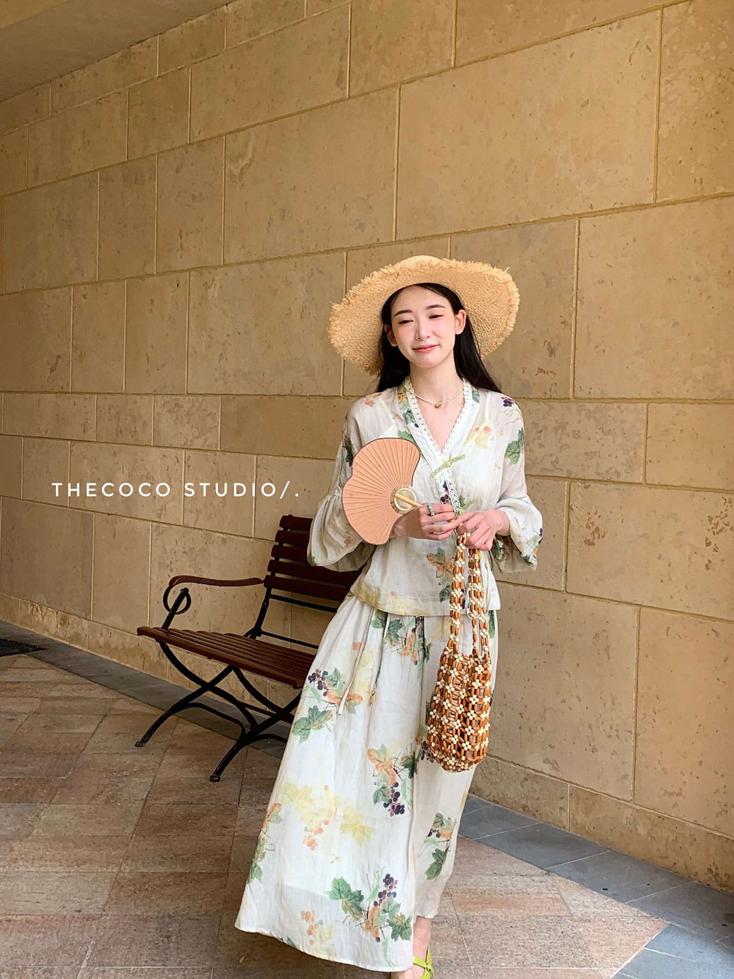 Thecoco苎麻葡萄原创新中式套装女春夏季交叉绑带上衣印花半裙-图1