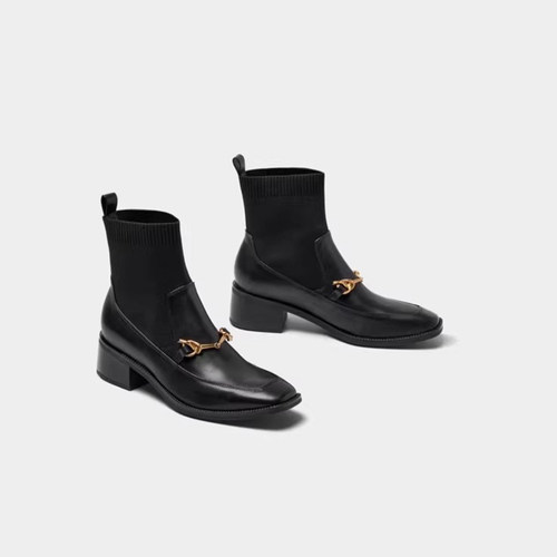 KISS CAT/接吻猫秋冬牛皮袜靴复古方头粗跟弹力靴女KA21526-51 - 图3