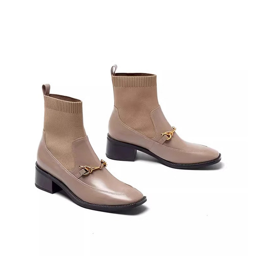 KISS CAT/接吻猫秋冬牛皮袜靴复古方头粗跟弹力靴女KA21526-51 - 图2