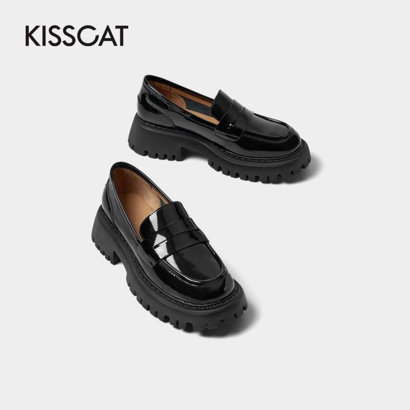 KISS CAT/接吻猫春秋牛皮圆头乐福鞋一脚蹬厚底单鞋女KA21573-50,淘宝优惠券,粉丝福利购,淘宝优惠卷
