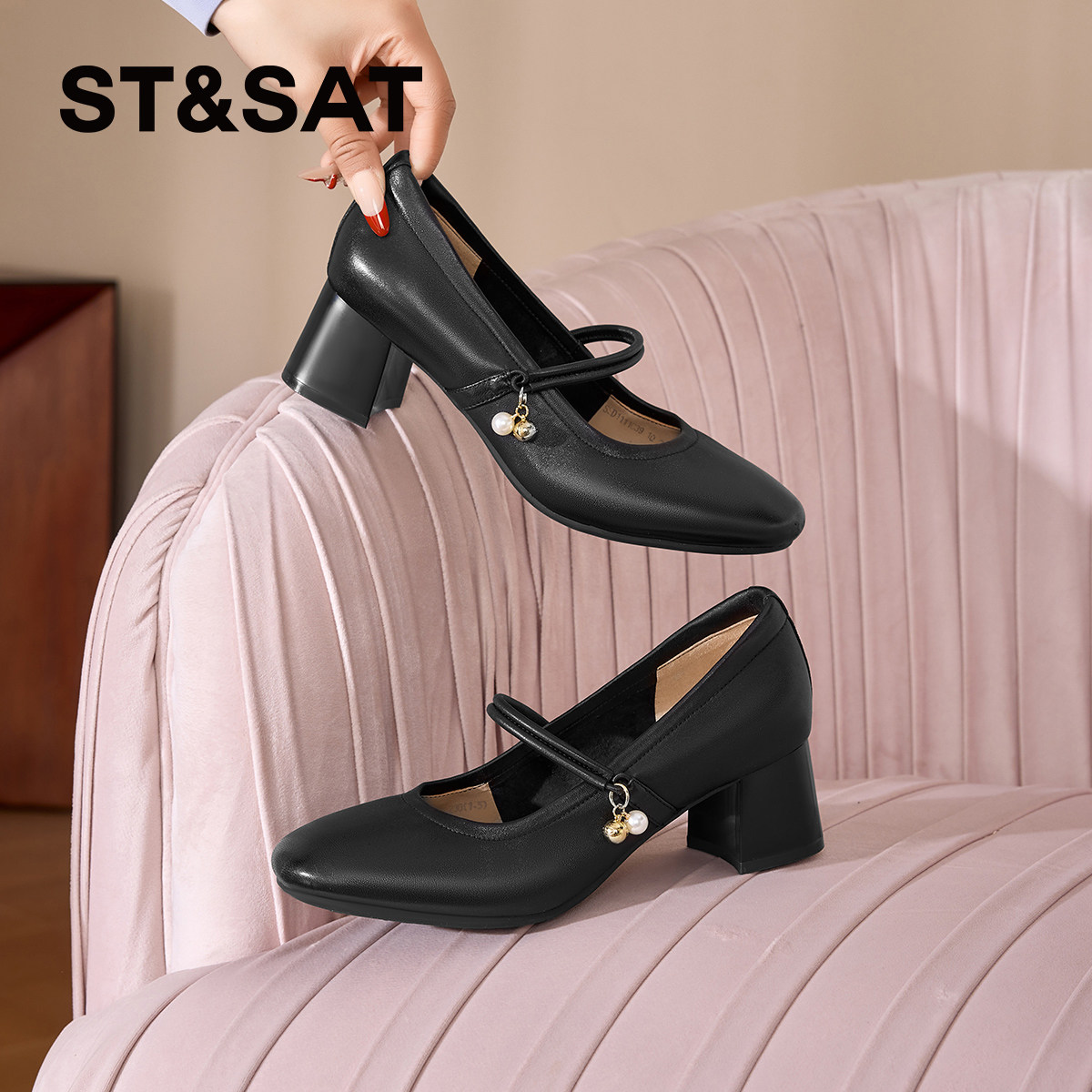 St&Sat/星期六春秋羊皮珍珠玛丽珍鞋粗高跟复古单鞋女SSD1111C39,淘宝优惠券,粉丝福利购,淘宝优惠卷