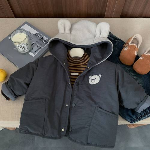 儿童连帽外套男保暖2025秋冬新款小童小熊棉衣洋气宝宝夹克女夹棉 - 图1