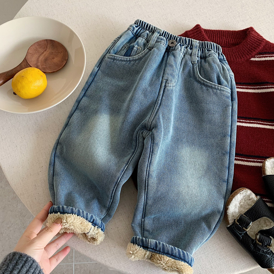 儿童牛仔裤男加绒2025冬季款小童纯色长裤子宝宝直筒休闲裤女加厚,淘宝优惠券,粉丝福利购,淘宝优惠卷