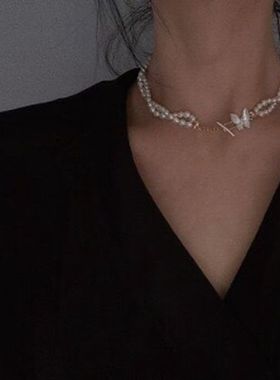 时尚雅致天然淡水小米形珍珠双层蝴蝶母贝项链配饰女
