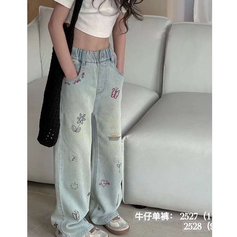 品牌童装2024春季新品洋气刺绣女童牛仔裤儿童直筒裤长裤潮2527-图0