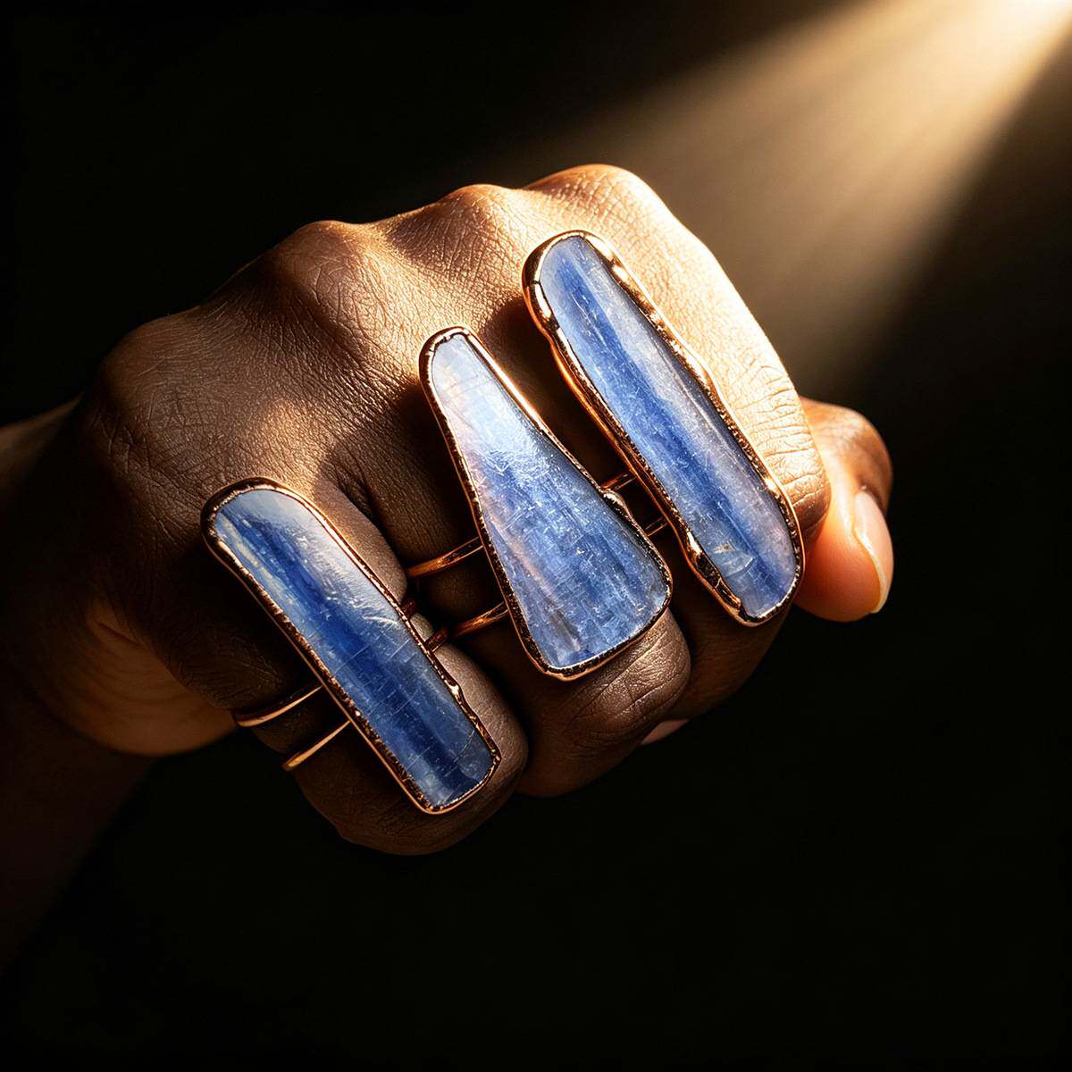 Vintage blue crystal rough stone plated bronze open ring