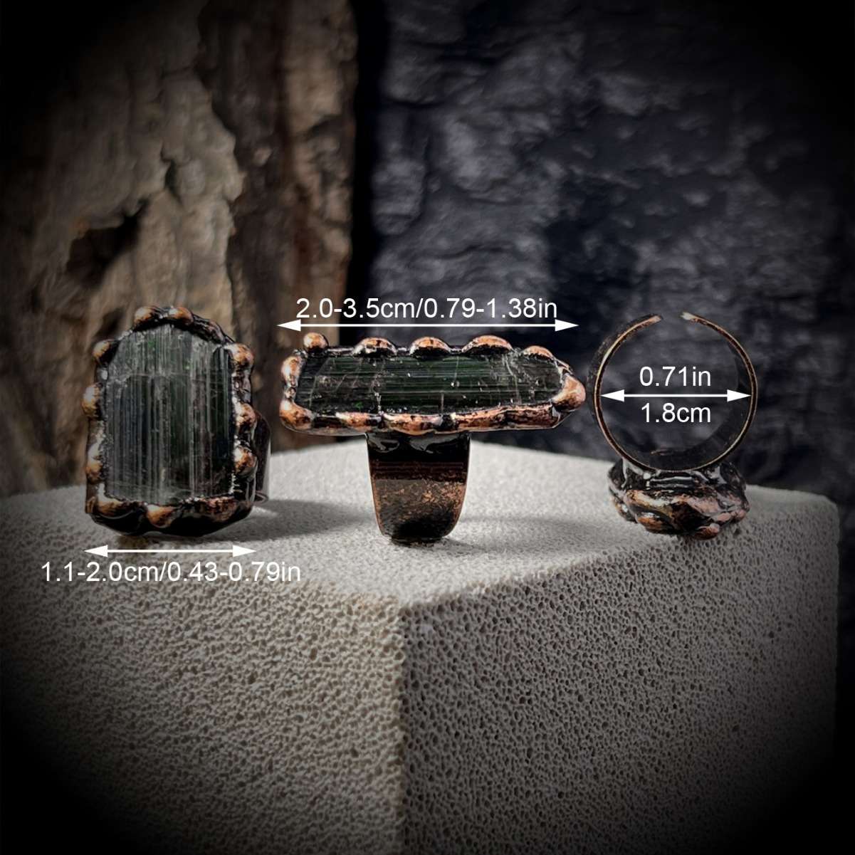 Retro style natural green tourmaline rough stone amorphous open bronze adjustable personalized European and American ring