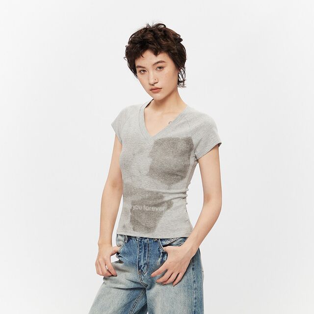 AIRHOOD American round neck retro right shoulder short-sleeved T-shirt women's slim printed summer short girl hot tights
