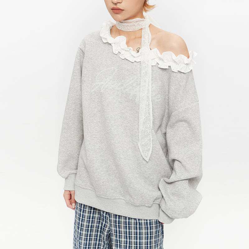 AIRHOOD 美式一字领花瓣拼接斜肩卫衣女2025秋季宽松辣妹露肩上衣 - 图1