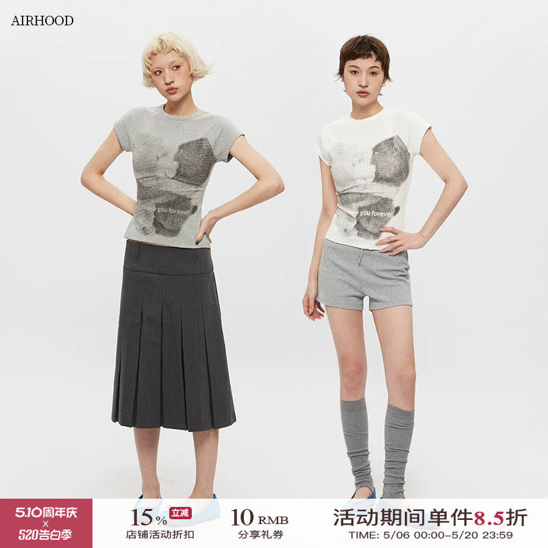 AIRHOOD美式圆领复古正肩短袖T恤女修身印花夏季短款辣妹紧身上衣