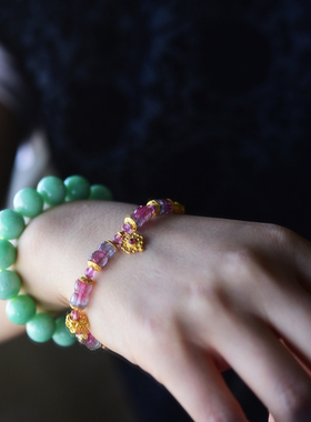 一斤钻戒 du家设计 天然原矿双色碧玺手链 点缀上18k金花托