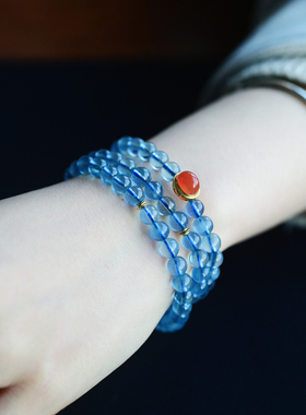 一斤钻戒 天然海蓝宝手链精品冰种料 都冰润感十足 18K金南红镶嵌