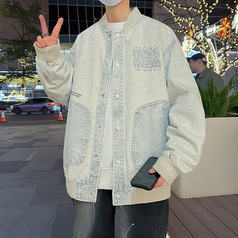 水洗牛仔外套男生春秋季新款学生青少年假两件帅气夹克男装士潮牌 - 图2