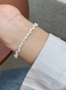 波浪花环珍珠s925纯银手环原创自制设计温柔风百搭绕线女闺蜜礼物