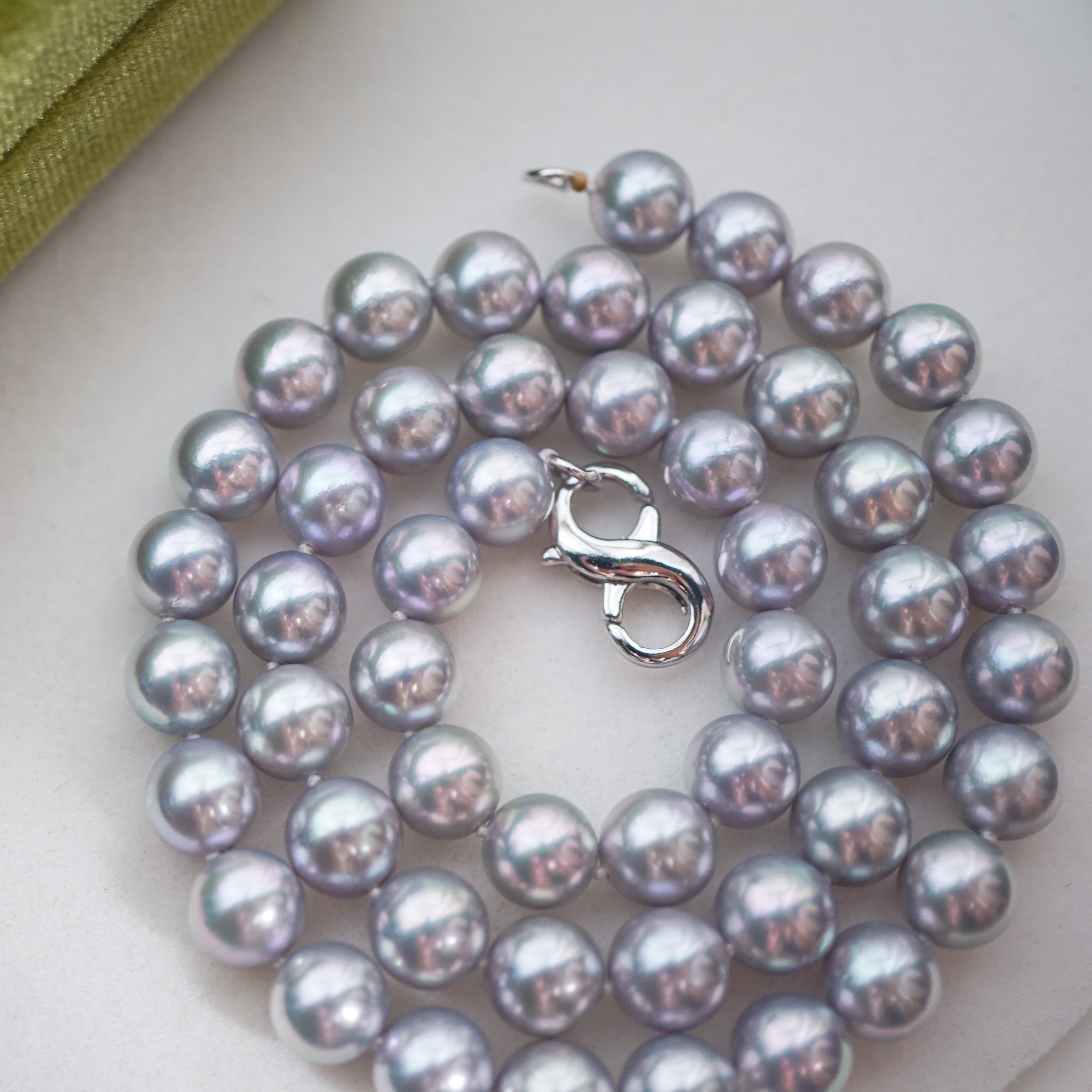 极光正圆无暇日本海水真多麻银灰蓝色akoya珍珠项链8-8.5mm45cm - 图2