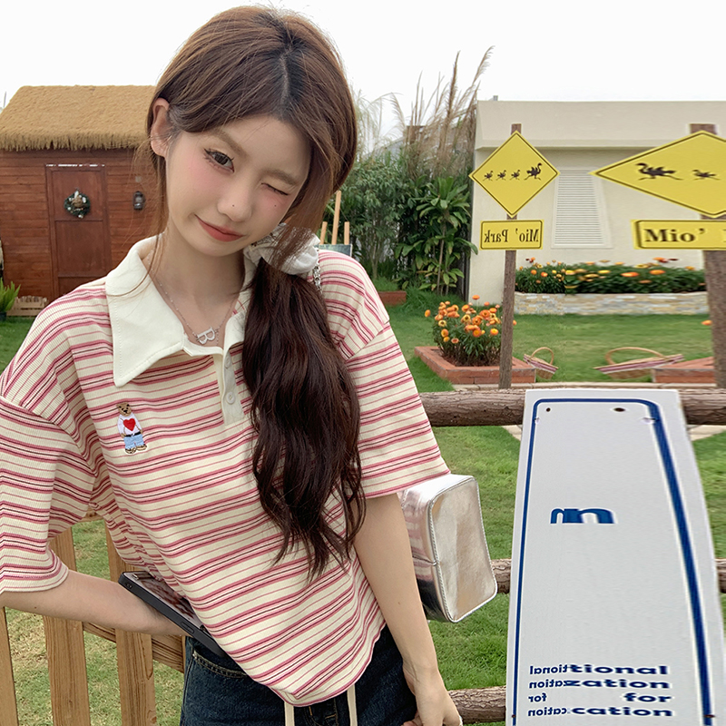 韩版新款女装横条纹polo衫短袖T恤学院风减龄宽松显瘦翻领上衣女-图3