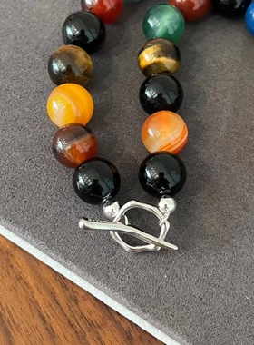 明星925纯银浪漫宇宙彩色玛瑙项链虎眼石串珠度假风饰品项链手链