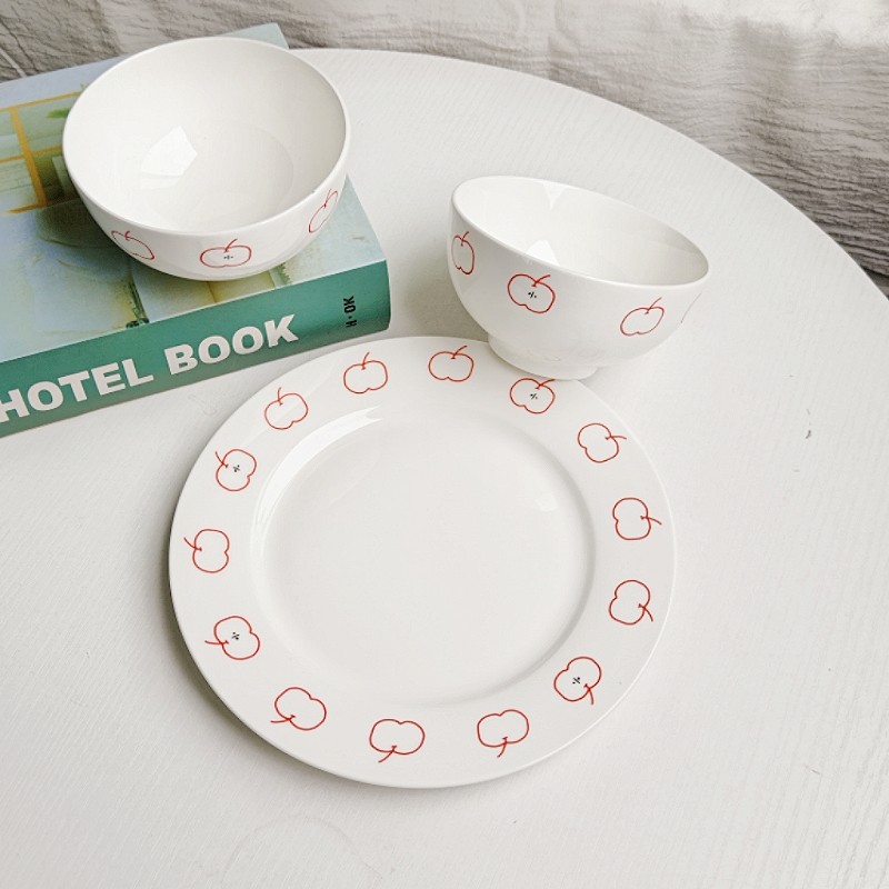 简约红苹果陶瓷盘子碗套装 家用餐盘饭盘平盘日式斗笠碗嗦粉送礼,淘宝优惠券,粉丝福利购,淘宝优惠卷