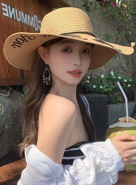 CUNCY字母刺绣大帽檐草帽子女海边度假防晒遮阳度假沙滩帽夏