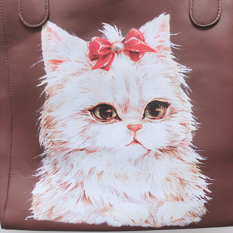 日本白色波斯猫PU大挎包可爱猫咪单肩包手提包百搭托特包卡通女包