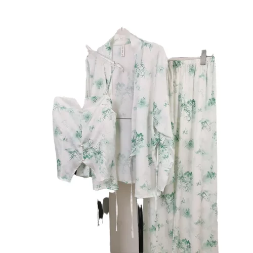 【青黛】吊带睡衣女春抗菌带胸垫家居服高级感长袖冰丝睡衣女 - 图3