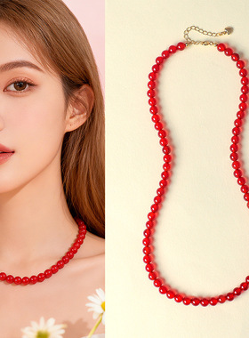 天然红玛瑙串珠项链女时尚高级感休闲风红玛瑙项链饰品