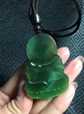 收藏品新疆碧玉猫眼立体观音琉璃般通透水灵的冰底猫眼玉质带证书