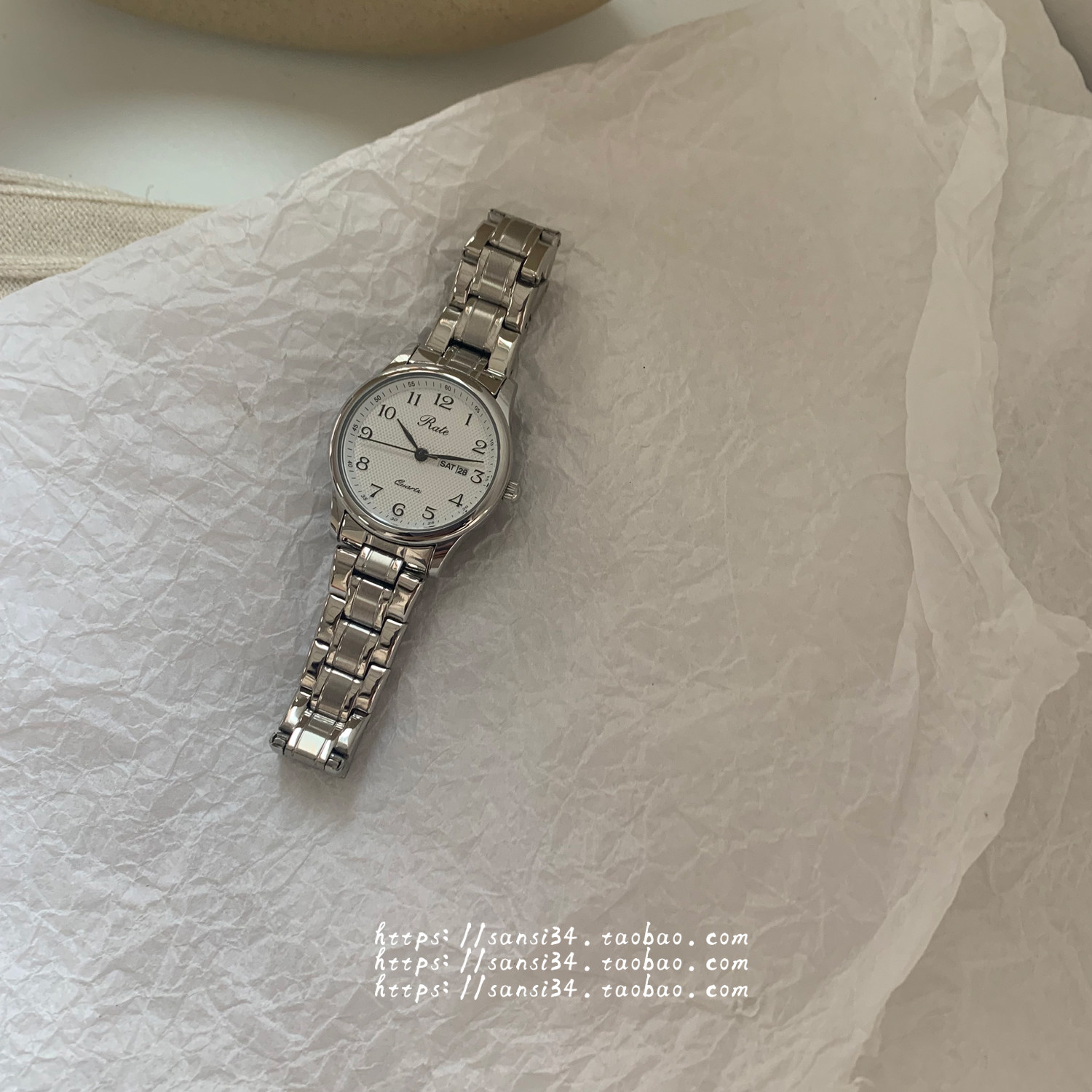 三四店 60刻度带日历星期功能石英表 复古文艺简约百搭钢带手表,淘宝优惠券,粉丝福利购,淘宝优惠卷