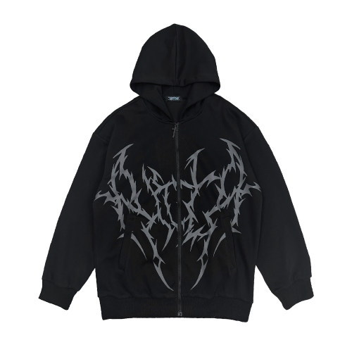 湿体原创  亚文化暗黑系连帽卫衣摇滚朋克宽松外套刺青印花上衣女 - 图0