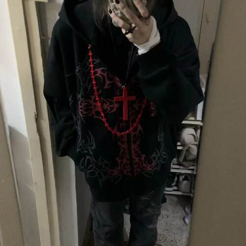 湿体原创  亚文化暗黑系连帽卫衣摇滚朋克宽松外套刺青印花上衣女 - 图1