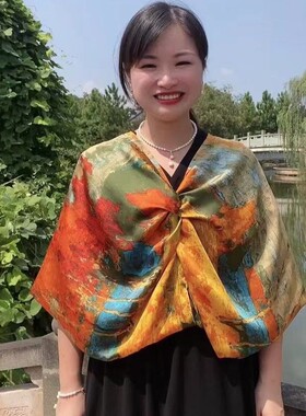 美丝宸 白桦林 天丝缎90*180长丝巾油画风沙滩巾四季可用高品质