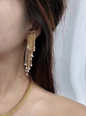 欧美夸张个性朋克中古项链耳夹复古高级气质烟花流苏素金镶钻套装