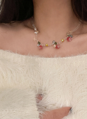 手工日韩花朵串珠项链粉色锁骨链彩色水晶颈链吊坠简约女